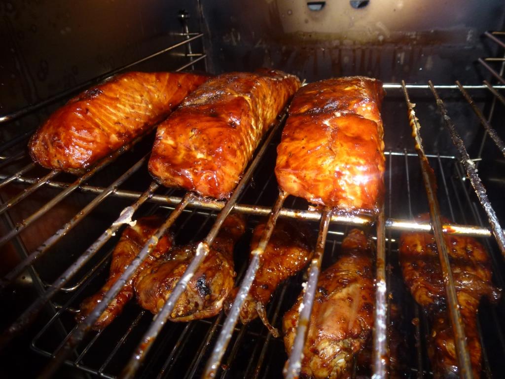 Salmon cooked in a meat smoker
